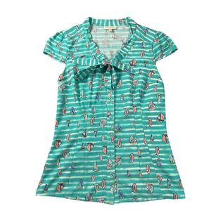 Modcloth Top‎ Womens Small Turquoise Sailboat Print Cap Sleeve Bow Tie Neck